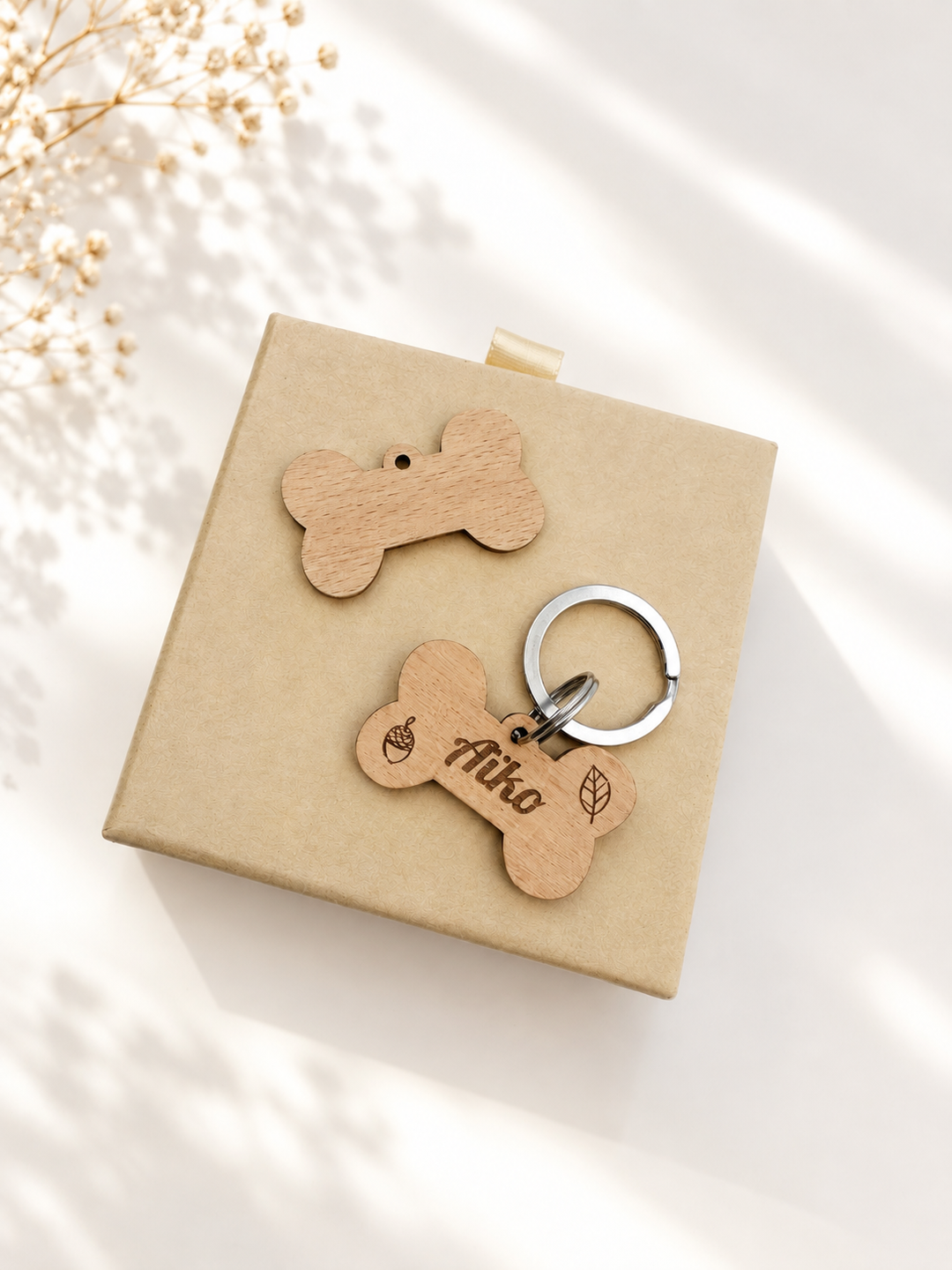 Médaille chien en bois os - Collection Automne