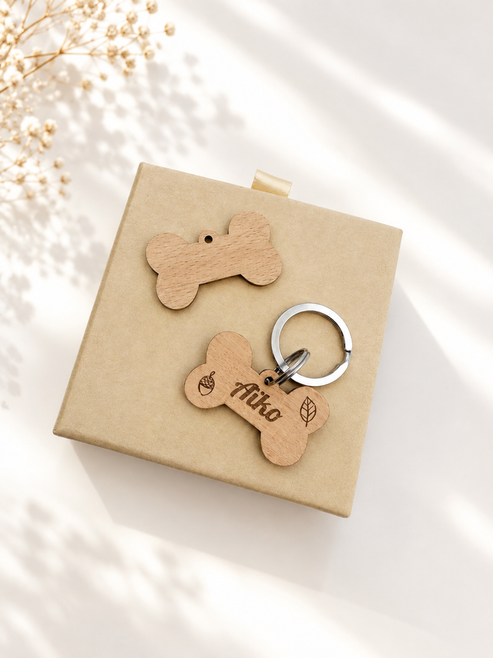 Médaille chien en bois os - Collection Automne