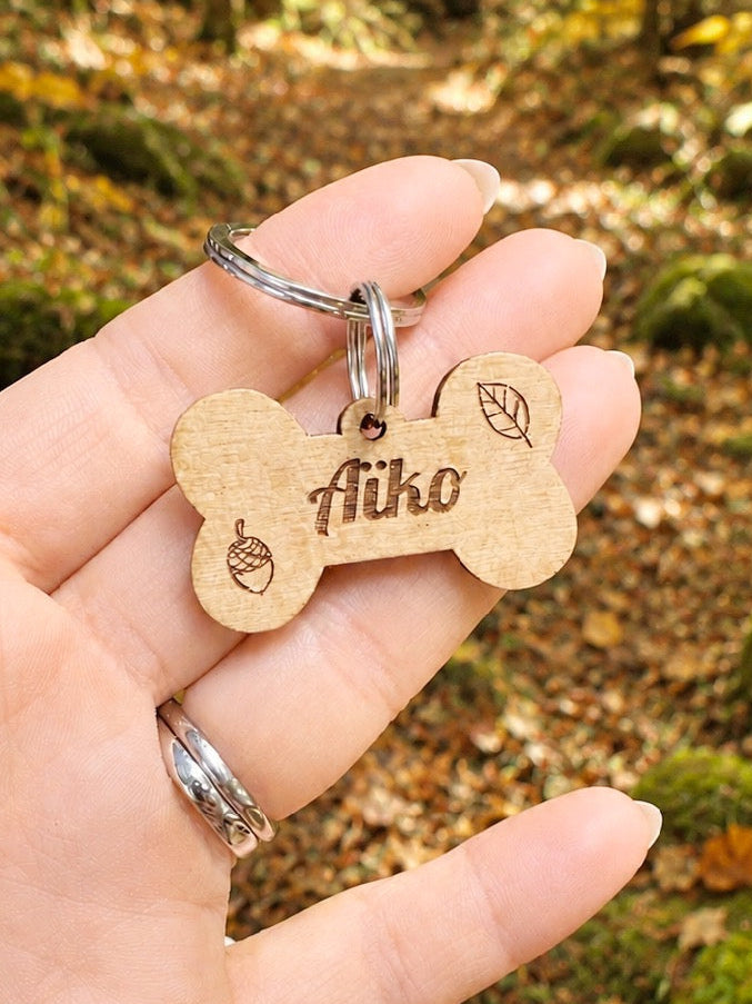 Médaille chien en bois os - Collection Automne